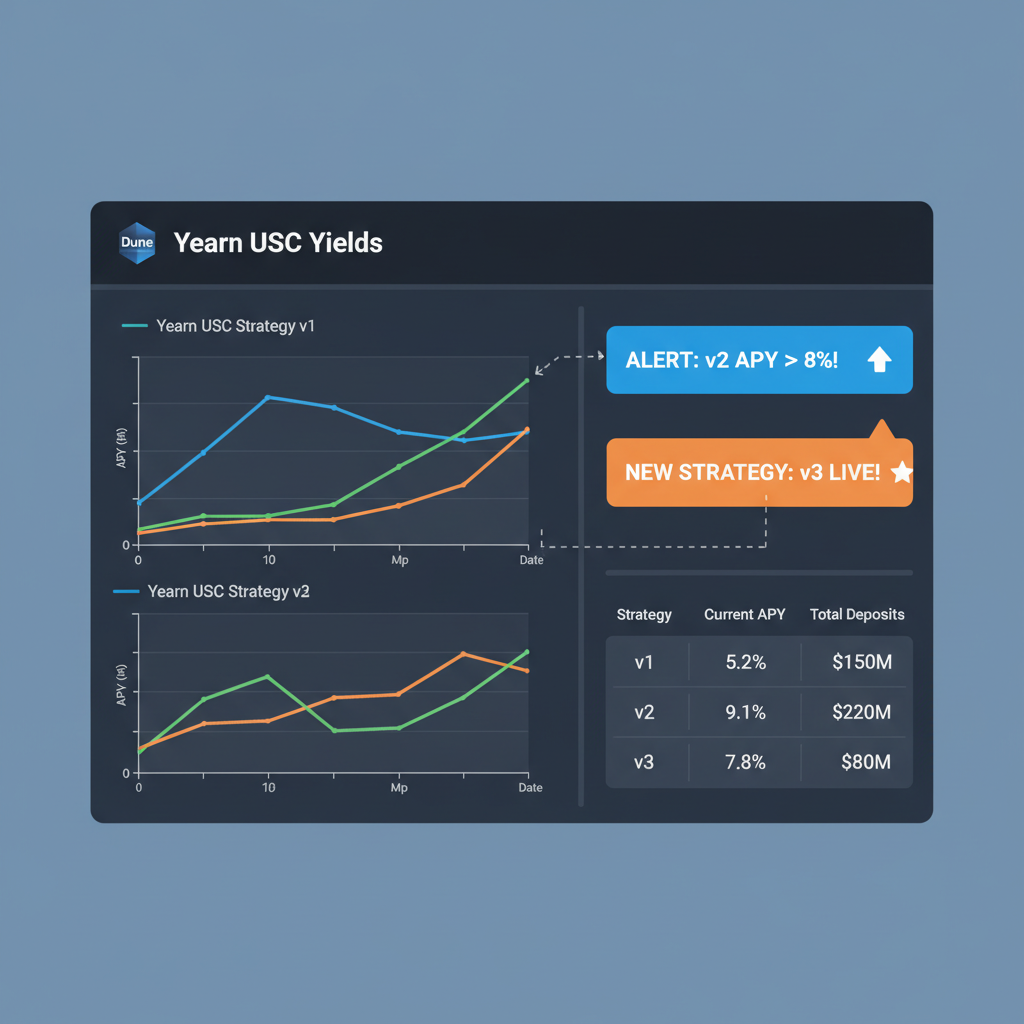 Dune Analytics dashboard with Yearn USDC yields, APY graphs, alerts popping on screen