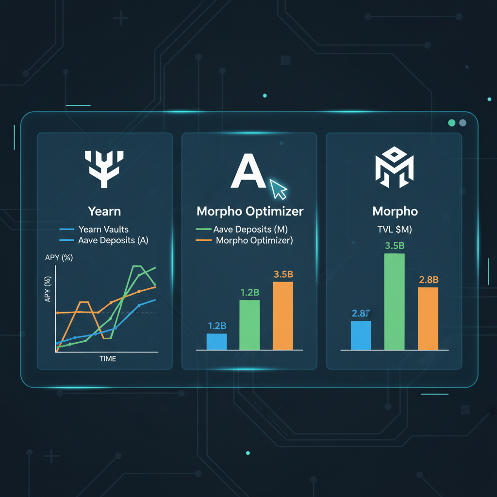Research dashboard comparing Yearn, Aave, Morpho vaults with APY charts and TVL bars on futuristic screen