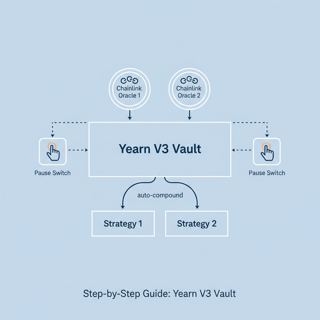 Blueprint of Yearn V3 vault architecture with auto-compound arrows, Chainlink oracles, and pause switches