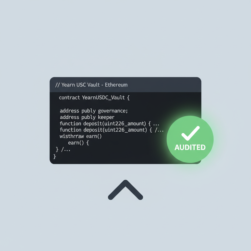 Smart contract code snippet for Yearn USDC vault on Ethereum, glowing green audited badge