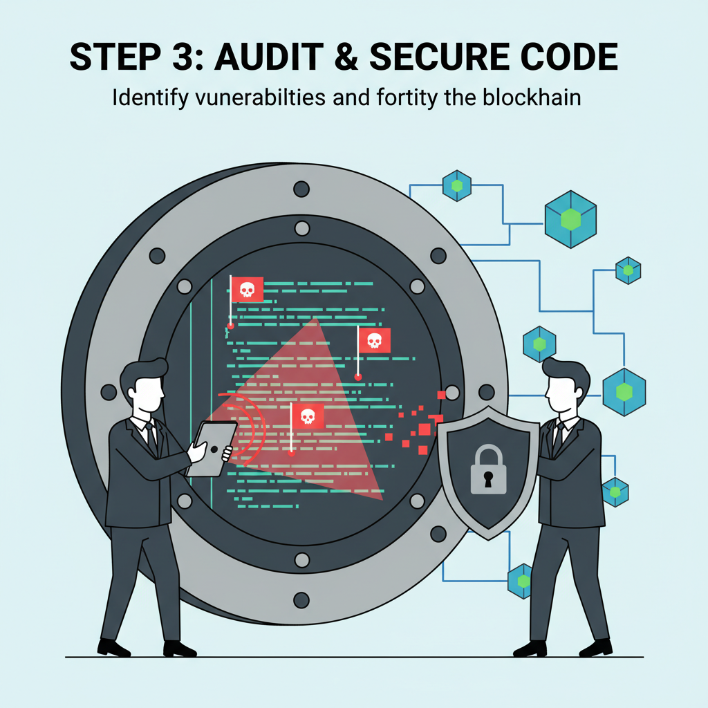 Security auditors scanning vault code with red flags and shields, blockchain nodes in background
