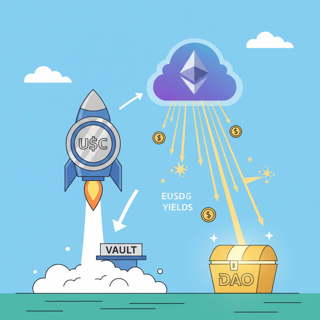 rocket launching USDC vault to Ethereum, yields exploding, DAO treasury glowing