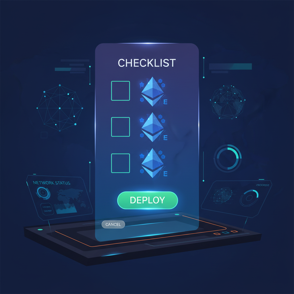checklist hologram with Ethereum blocks, deploy button ready, tactical dashboard
