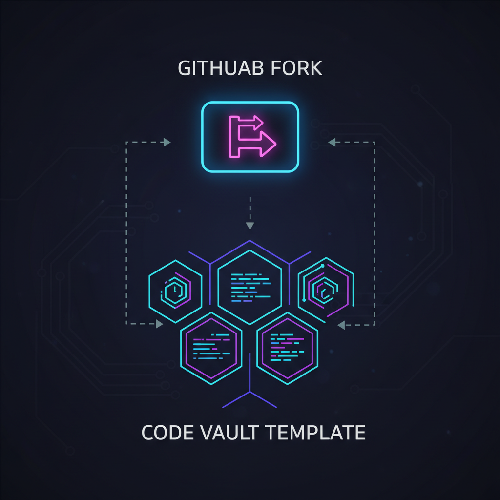 glowing GitHub fork button, blockchain code vault template, neon cyberpunk style