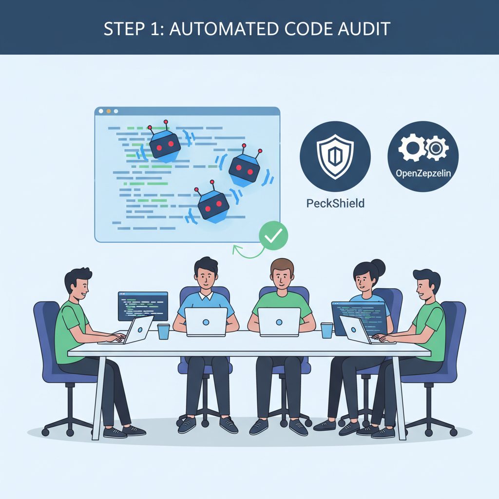 audit team in war room, PeckShield OpenZeppelin logos, AI bots scanning code