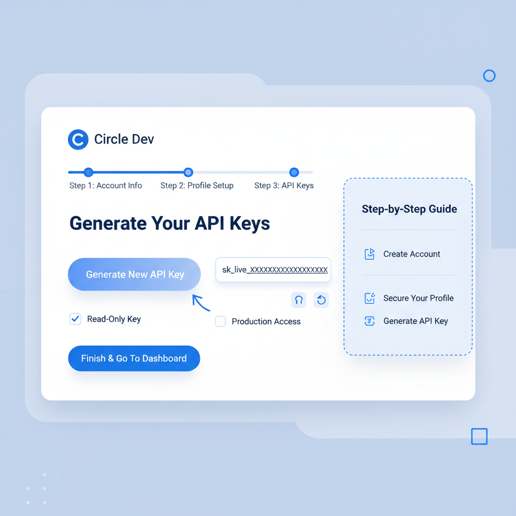 Circle developer dashboard signup screen, API keys generation, modern UI, blue tones