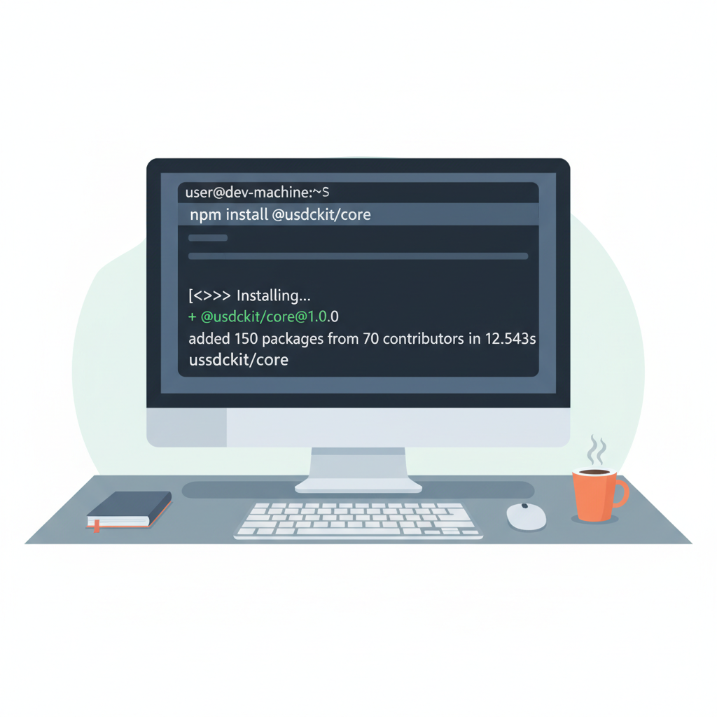 Terminal installing npm usdckit package, code snippet, developer workspace