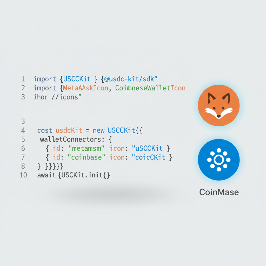 Code snippet initializing USDCKit SDK, wallet connection icons, clean code editor
