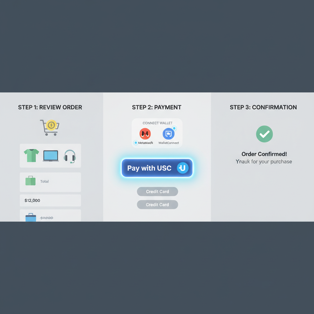E-commerce checkout page with glowing USDC one-click button, wallet popup