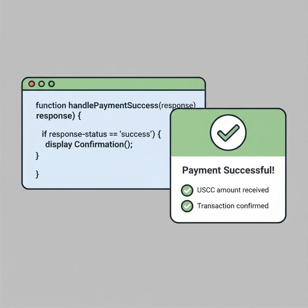 Code handling USDC payment success event, confirmation UI, green checkmarks