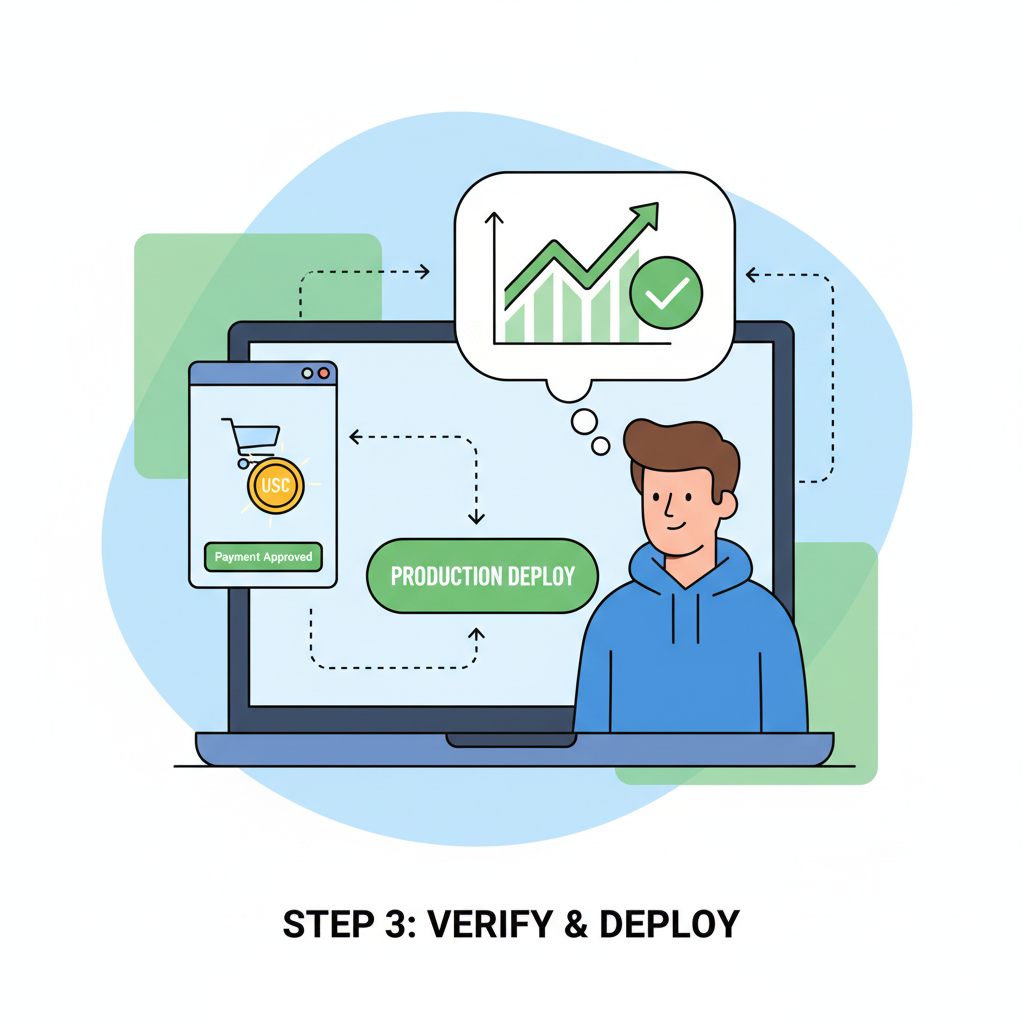 Developer testing USDC checkout on laptop, success graphs, production deploy button