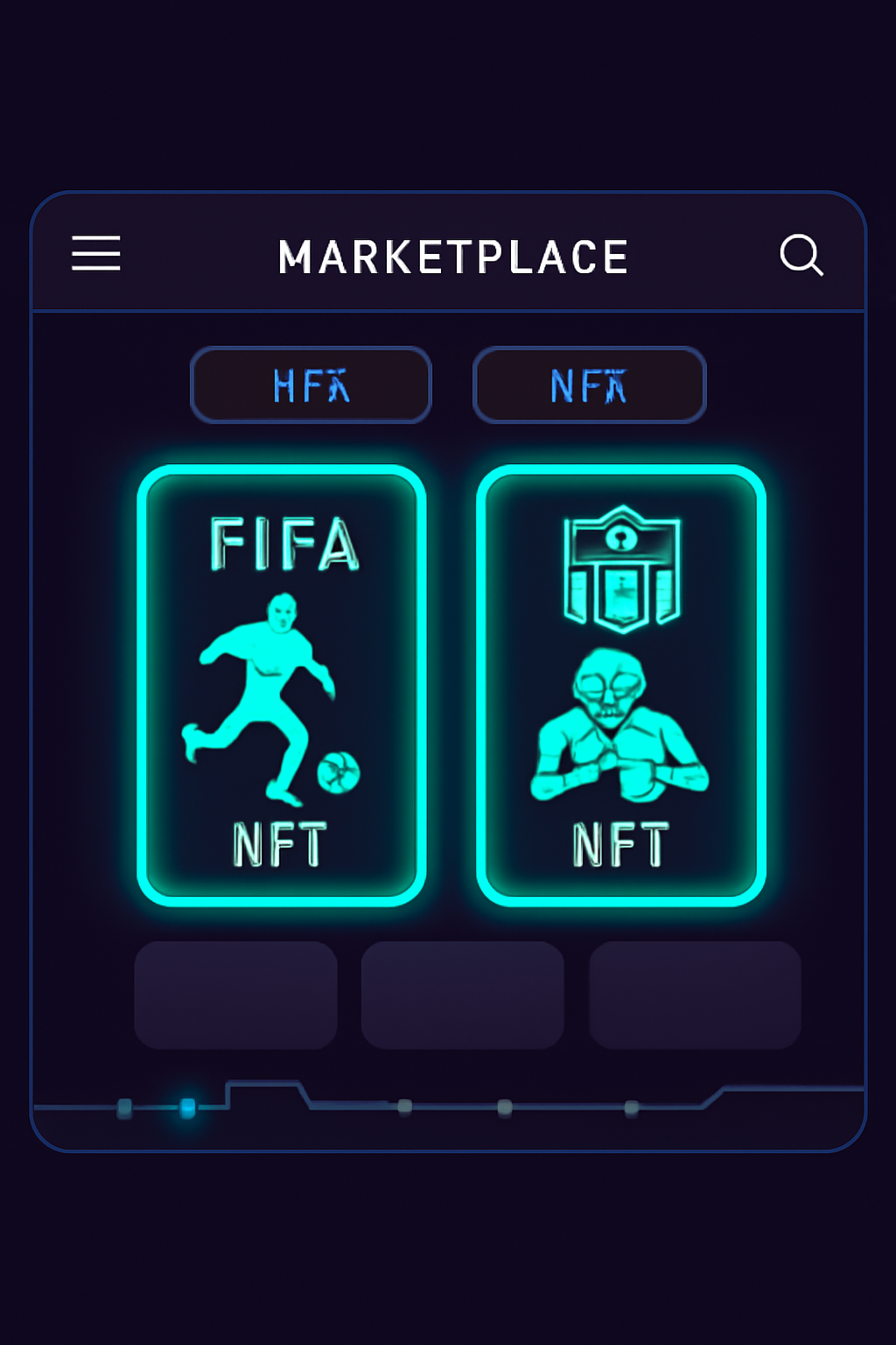 sleek digital marketplace interface with FIFA and NFL NFT cards glowing on screen, futuristic blockchain vibe