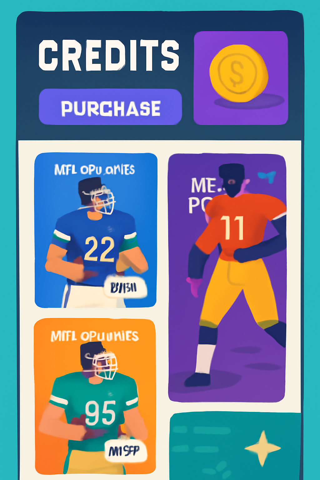 mobile app screen showing Credits purchase button next to NFL player NFT cards, vibrant sports theme