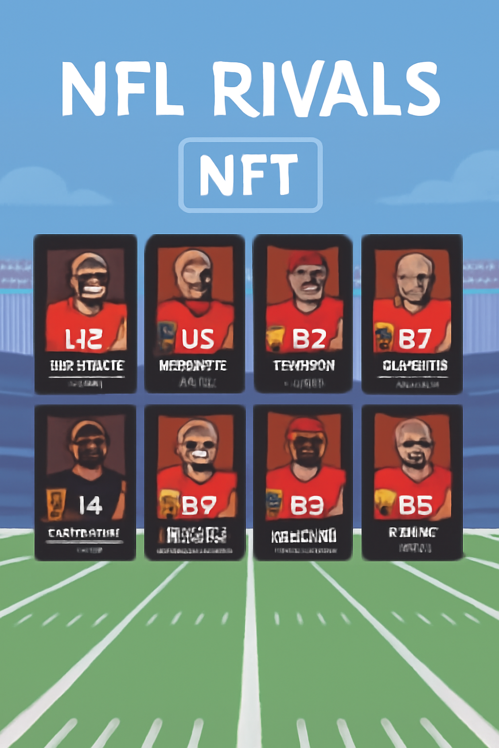 NFL Rivals NFT player cards from Super Bowl teams displayed in marketplace grid, football stadium background
