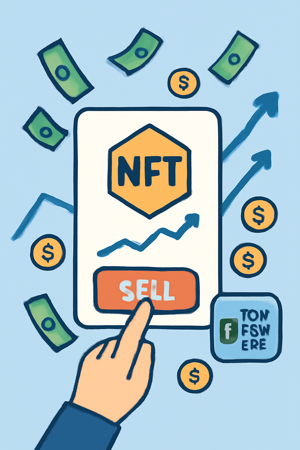 sell button pressed on bundled NFT with profit chart and low gas fee indicator, money raining effect