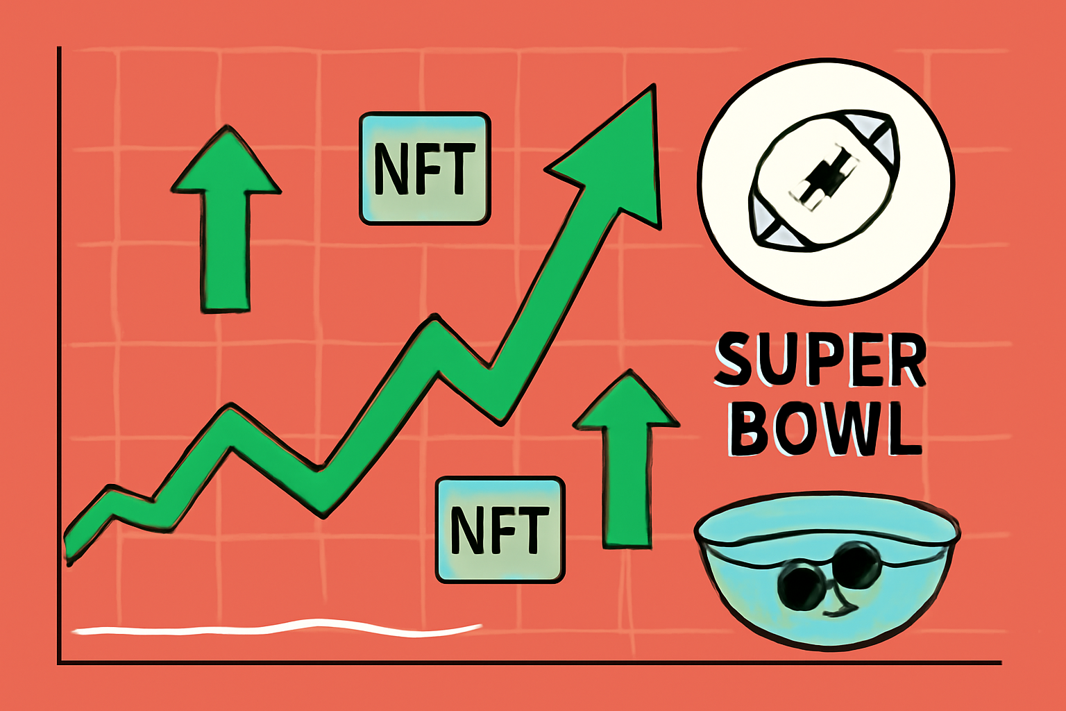 market chart spiking during Super Bowl with NFT icons and liquidity pool visualization, green upward arrows