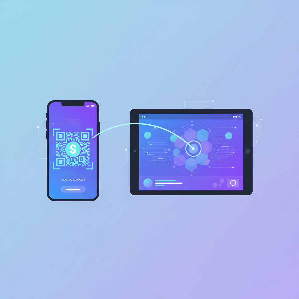 solana wallet connecting to app, glowing qr code, futuristic ui