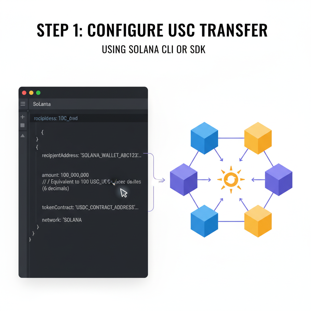 code editor with usdc transfer params, solana blockchain graphic