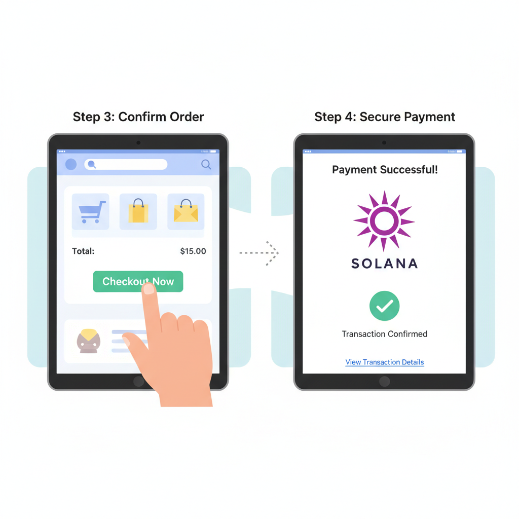 user clicking checkout button, solana payment success screen