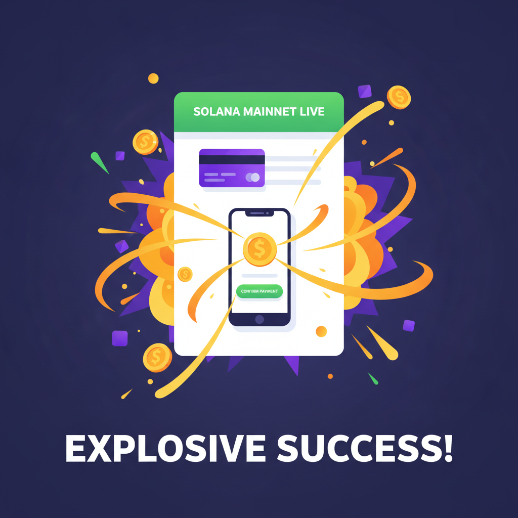 solana mainnet live checkout, money flowing, explosive success graphic