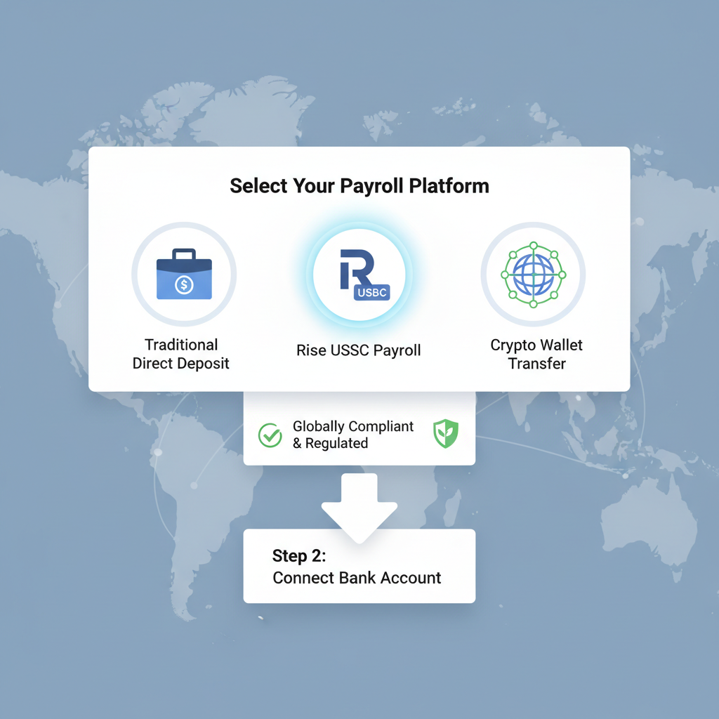 modern dashboard selecting Rise USDC payroll platform, compliant icons, global map background