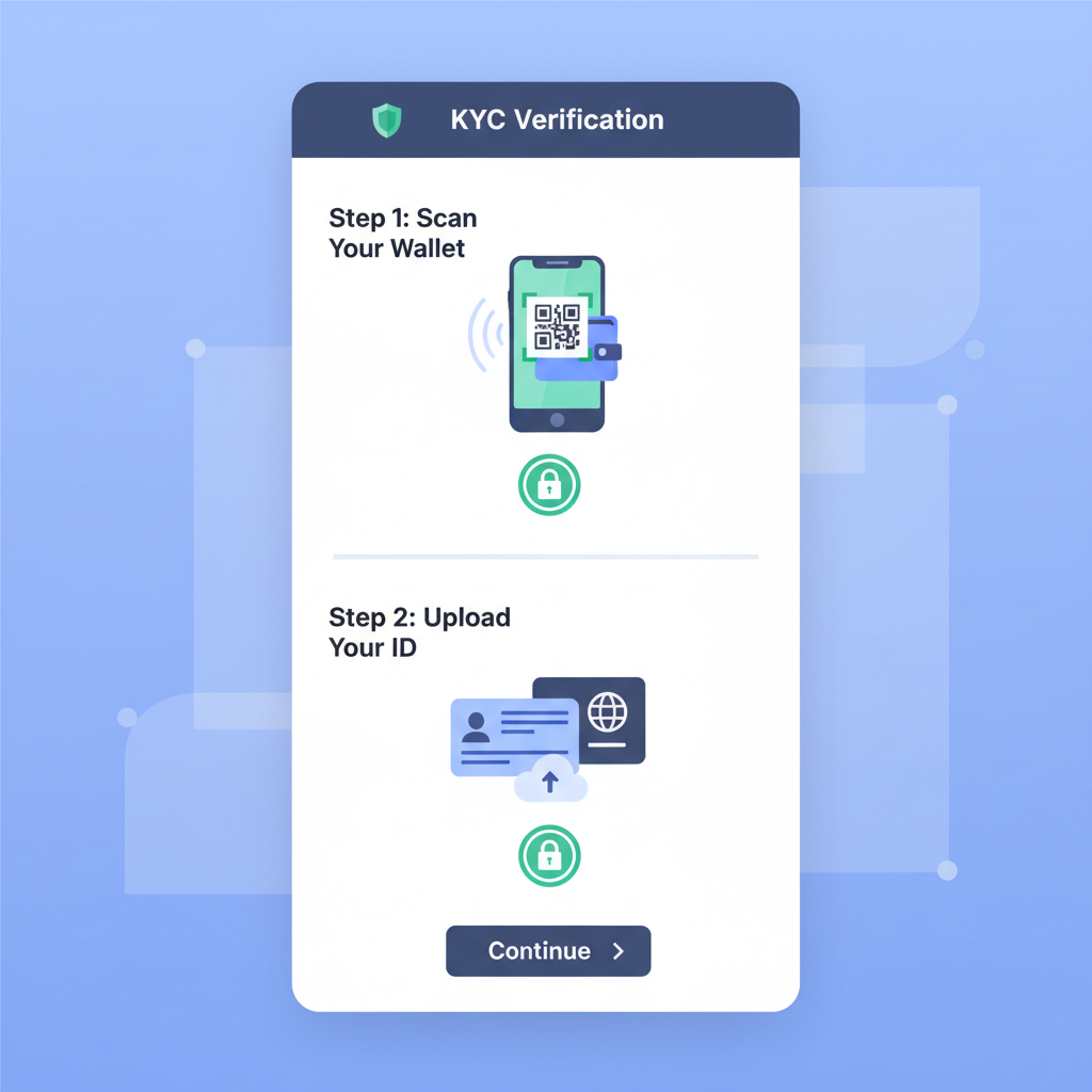KYC verification screen with wallet scan and ID upload, secure lock icons, professional interface