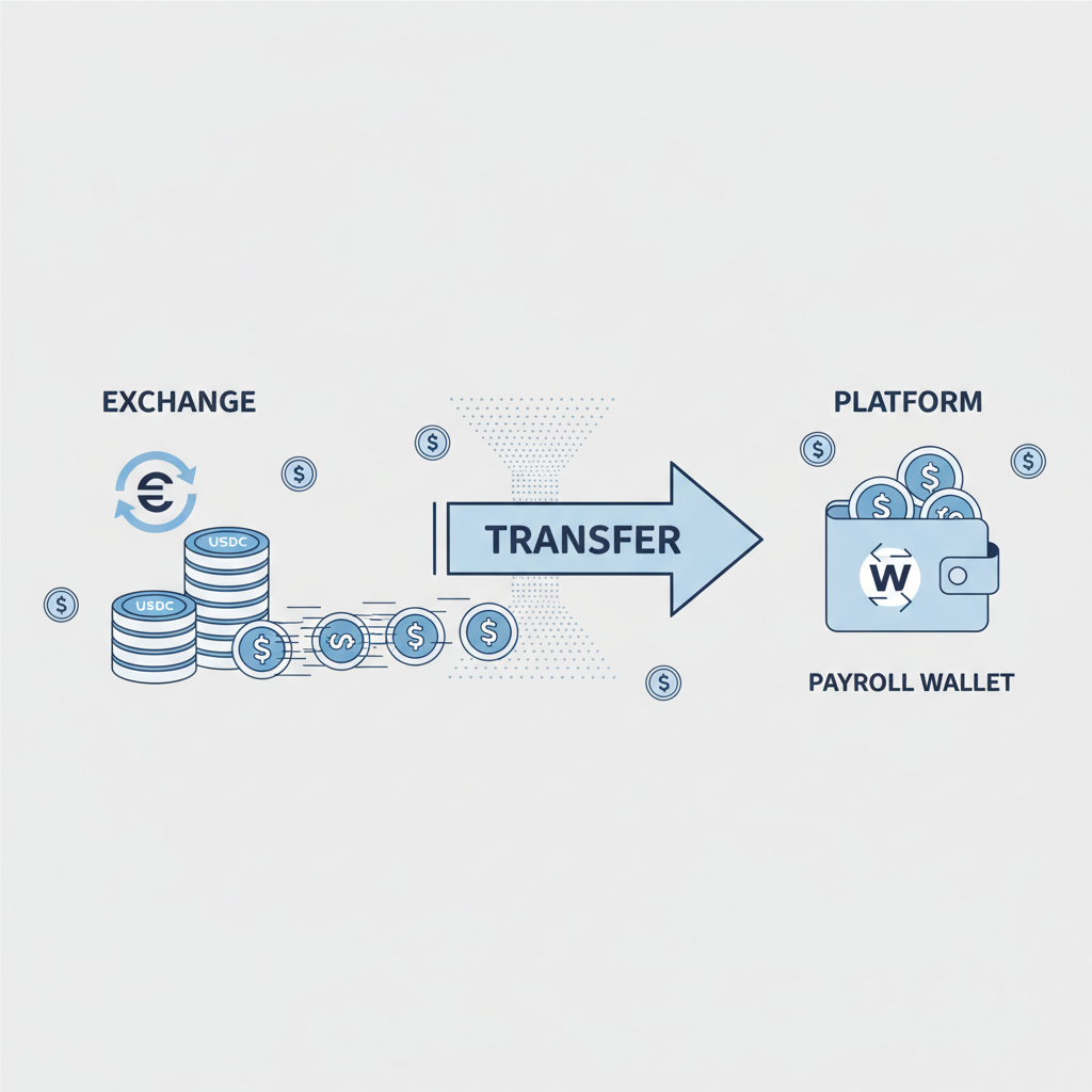 funding USDC payroll wallet, transfer animation from exchange to platform, dollar stablecoin icons