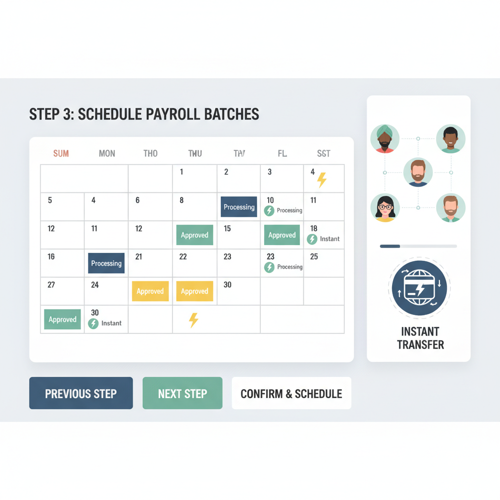scheduling payroll batches calendar interface, instant lightning transfer icons, global team avatars