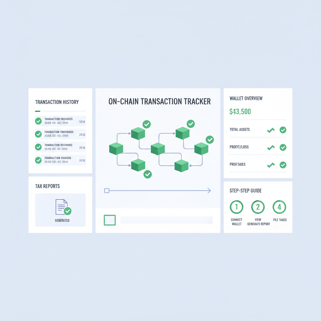 on-chain transaction tracker dashboard with tax reports, blockchain graph, green checkmarks
