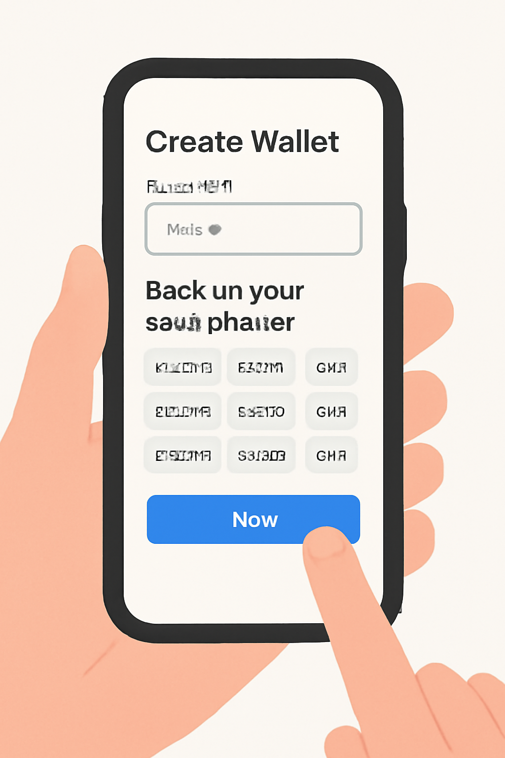 A user creating a crypto wallet on a smartphone, showing a password field and a seed phrase backup prompt, clear and simple illustration