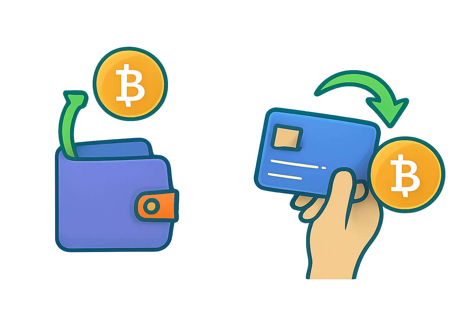 A digital wallet receiving a crypto deposit and a credit card being used to buy crypto, clear icons, vibrant colors