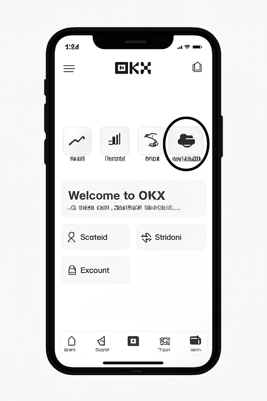 A smartphone displaying the OKX app home screen with the 'Wallet' icon highlighted, modern UI, simple background
