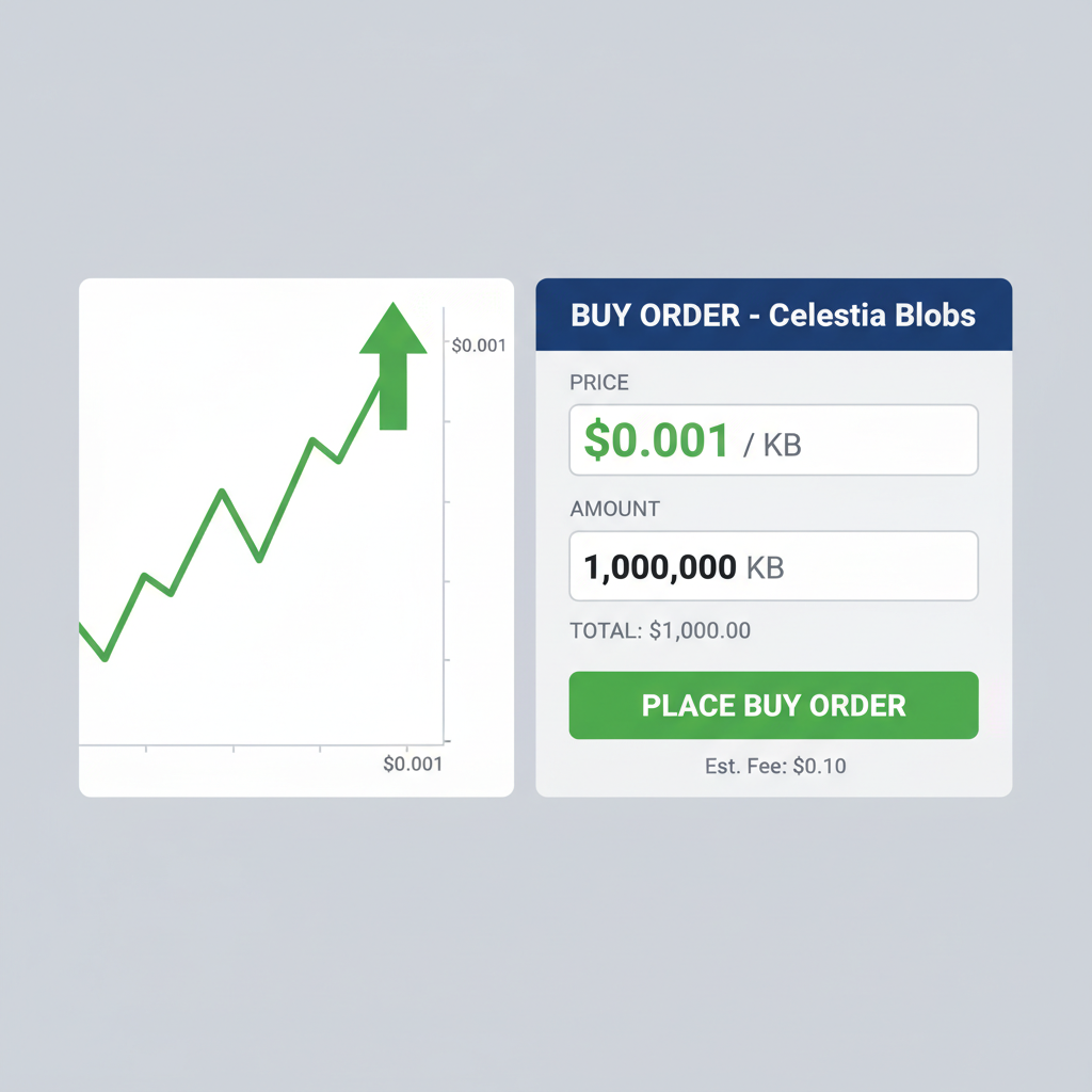 buy order screen for Celestia blobs at $0.001 per KB, green entry arrow on price chart, trading interface