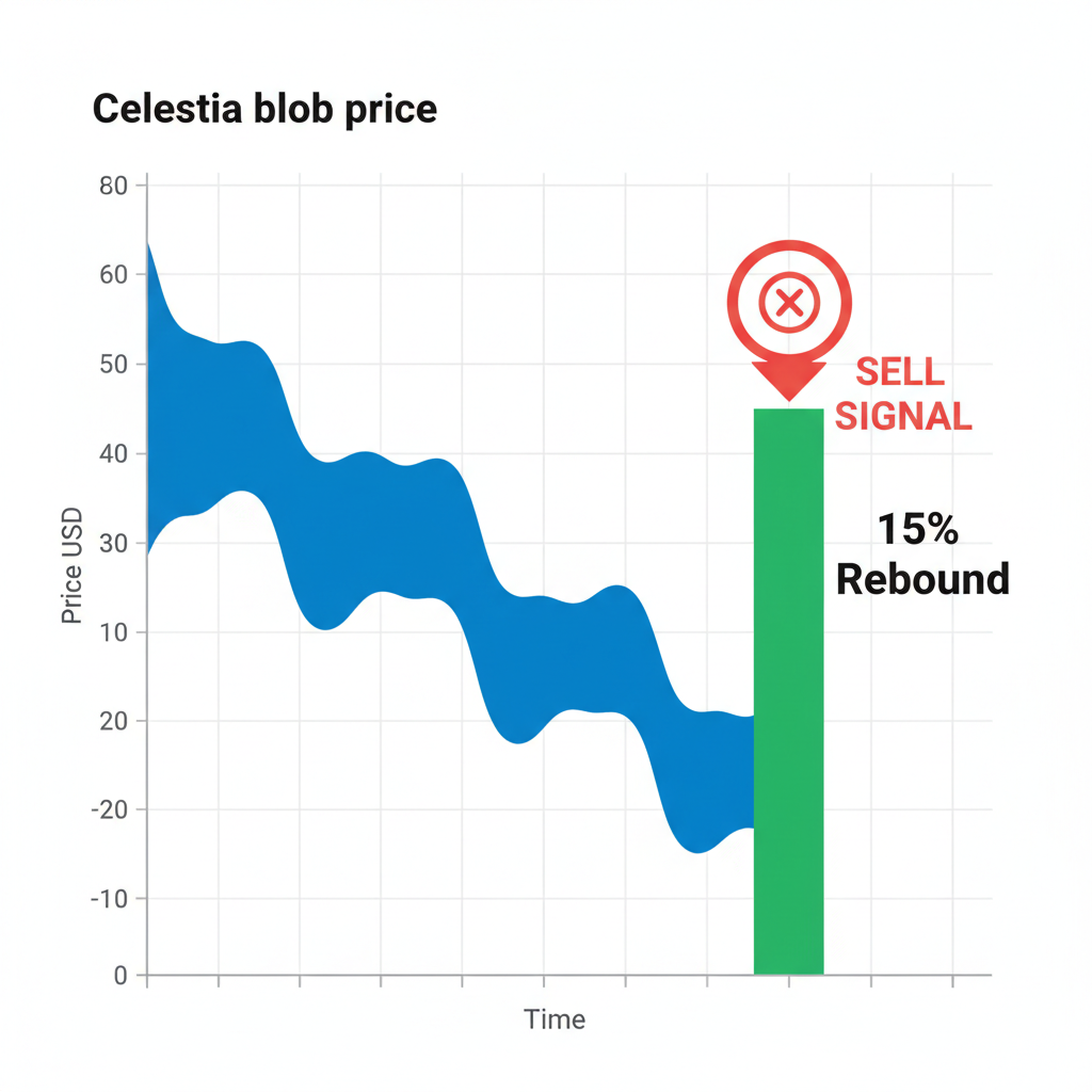 profit exit chart showing 15% green rebound candle on Celestia blob price, sell signal icon