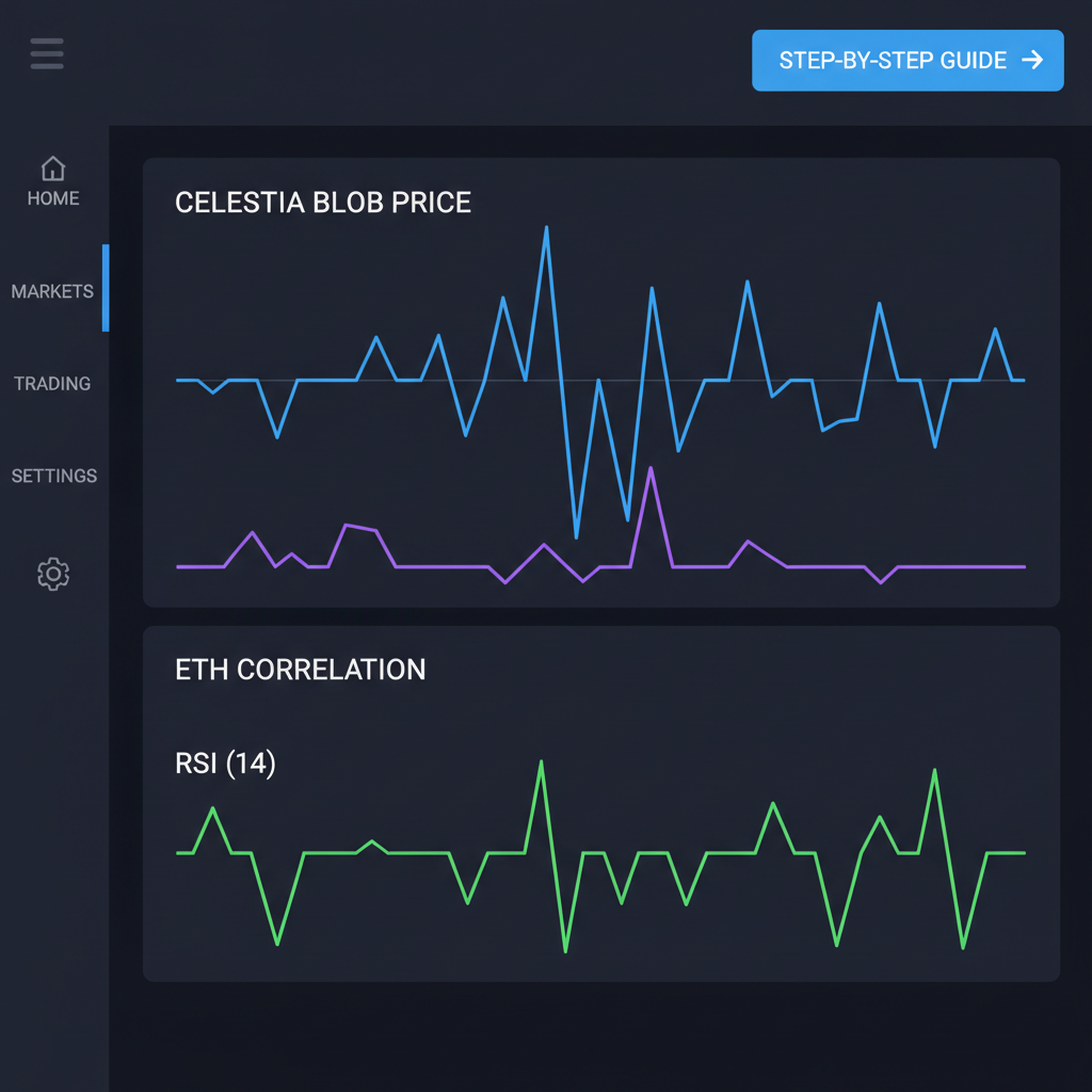 trading dashboard with Celestia blob price chart, RSI oscillator, ETH correlation line, dark mode, professional UI