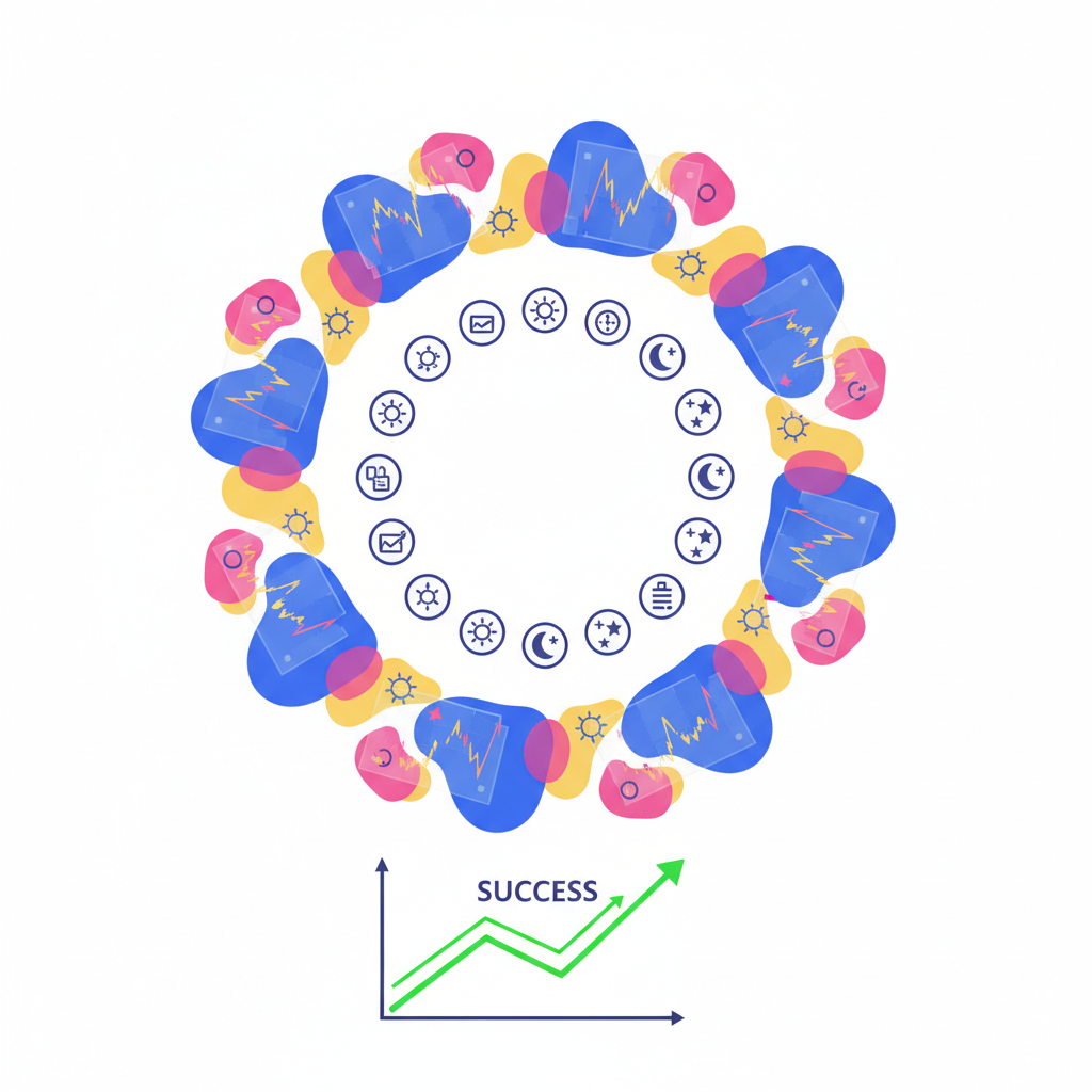 calendar cycle with repeating Celestia blob trading charts, 24h loop icons, success graph upward trend