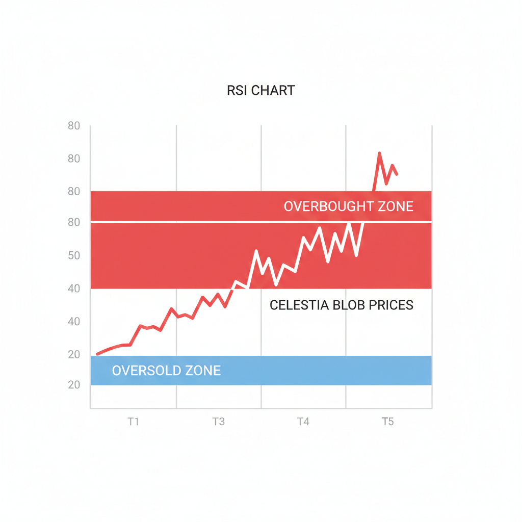 RSI chart spiking above 80 on Celestia blob prices, red overbought zone highlighted, clean graph style
