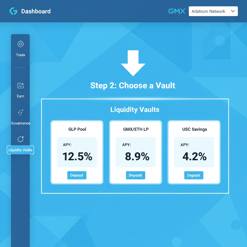 GMX app dashboard on arbitrum, liquidity vaults section highlighted, modern defi interface blue tones