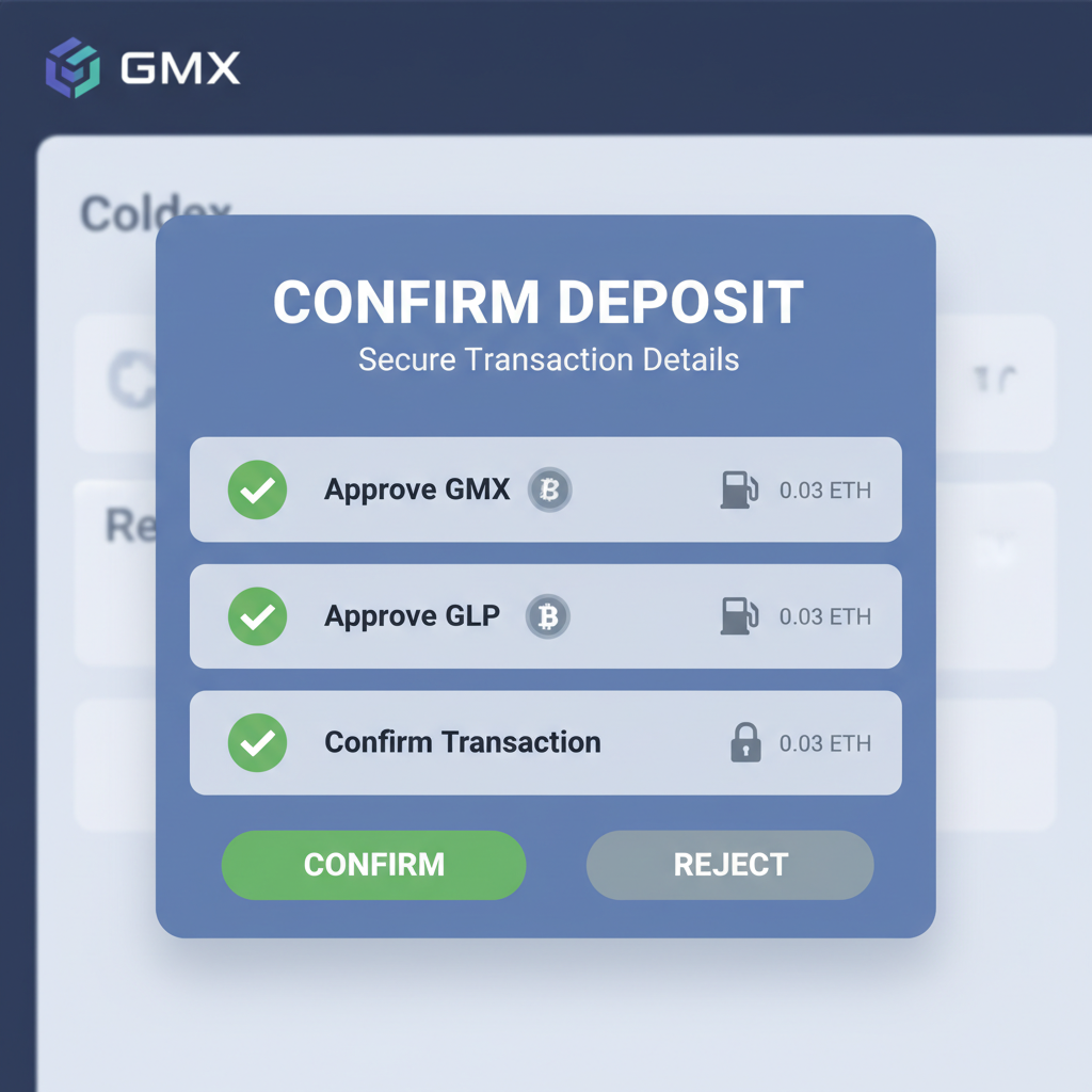 wallet confirmation popup for GMX deposit, secure transaction details, green checkmarks