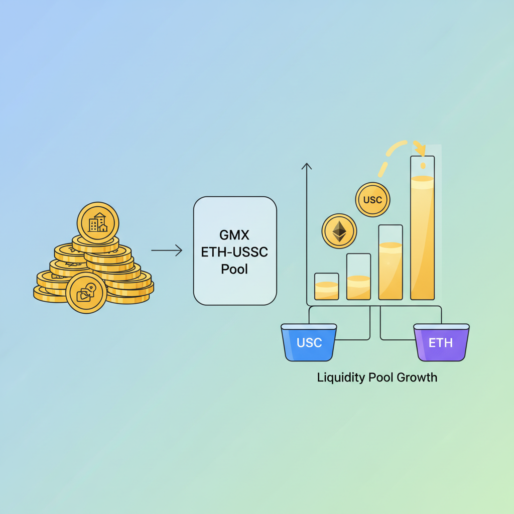 depositing RWA assets into GMX ETH-USDC pool, liquidity chart filling up, golden tokens flowing