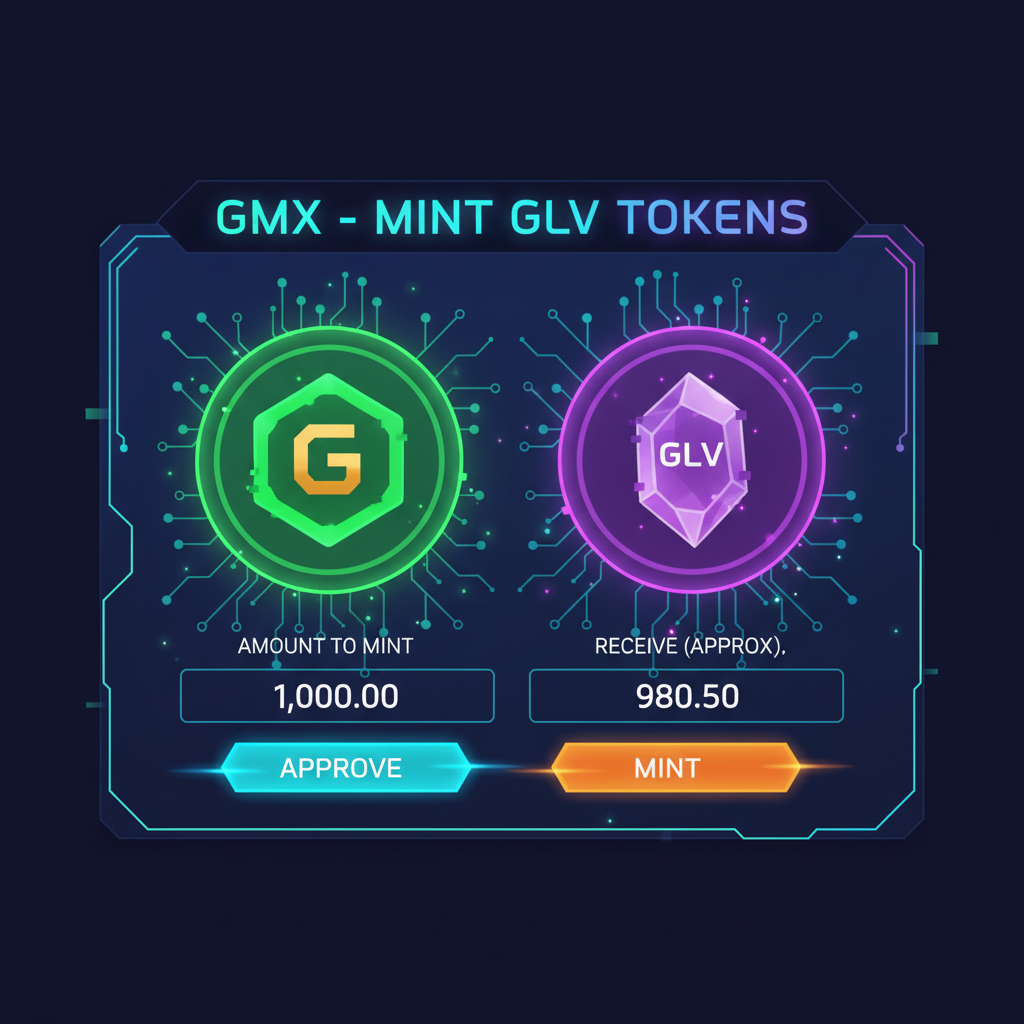 minting GLV tokens screen on GMX, token icons glowing, approve and mint buttons, cyberpunk style