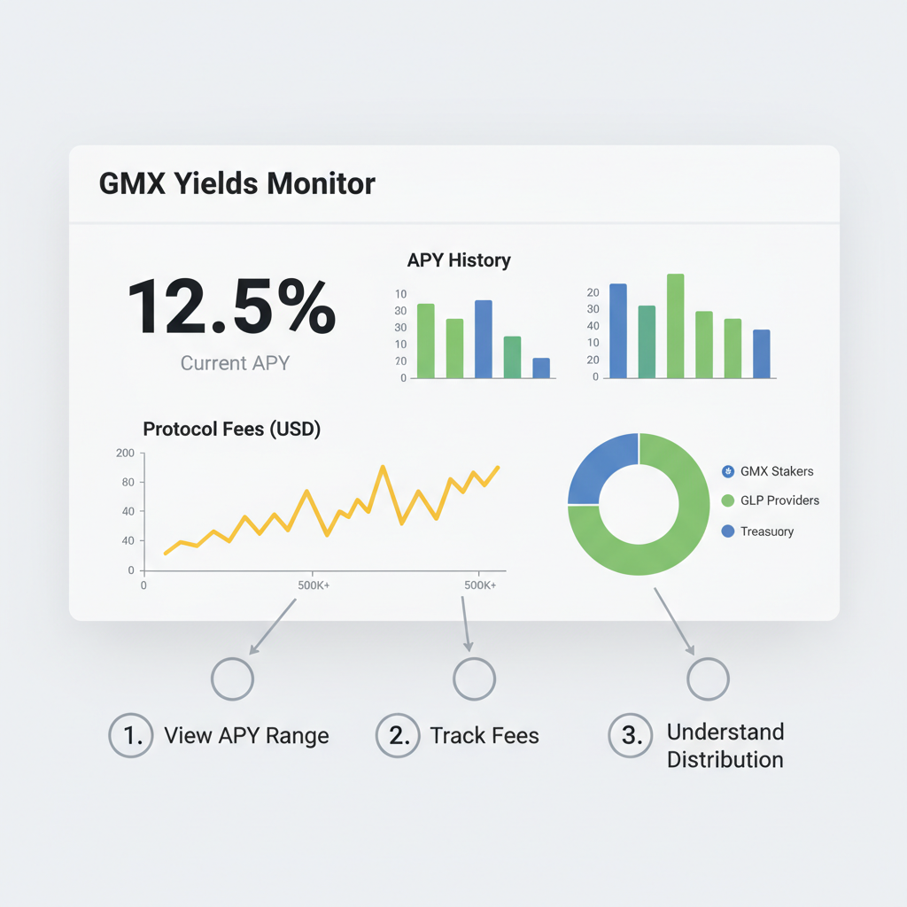 GMX yields monitoring dashboard, charts showing APY 10-20%, fees graph rising, data viz style