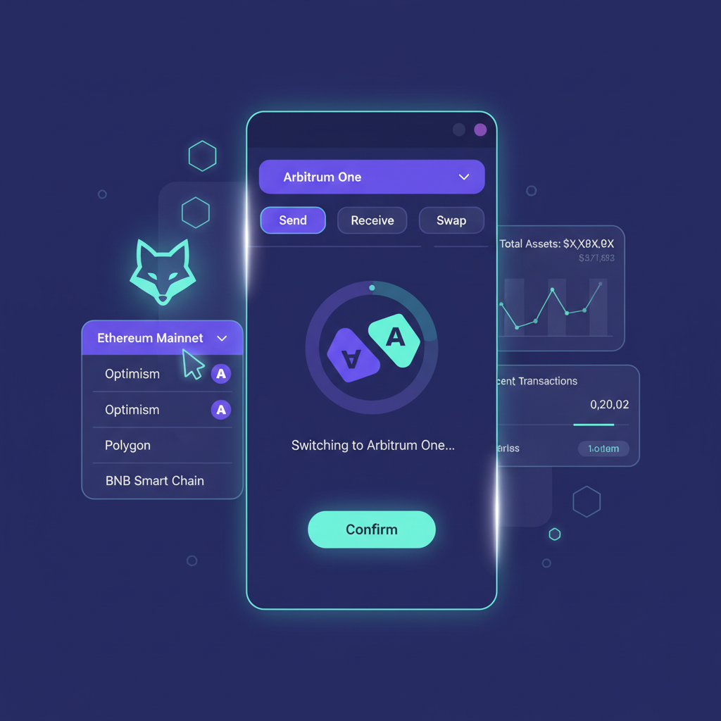 sleek metamask wallet interface switching to arbitrum one network, futuristic crypto dashboard, clean UI