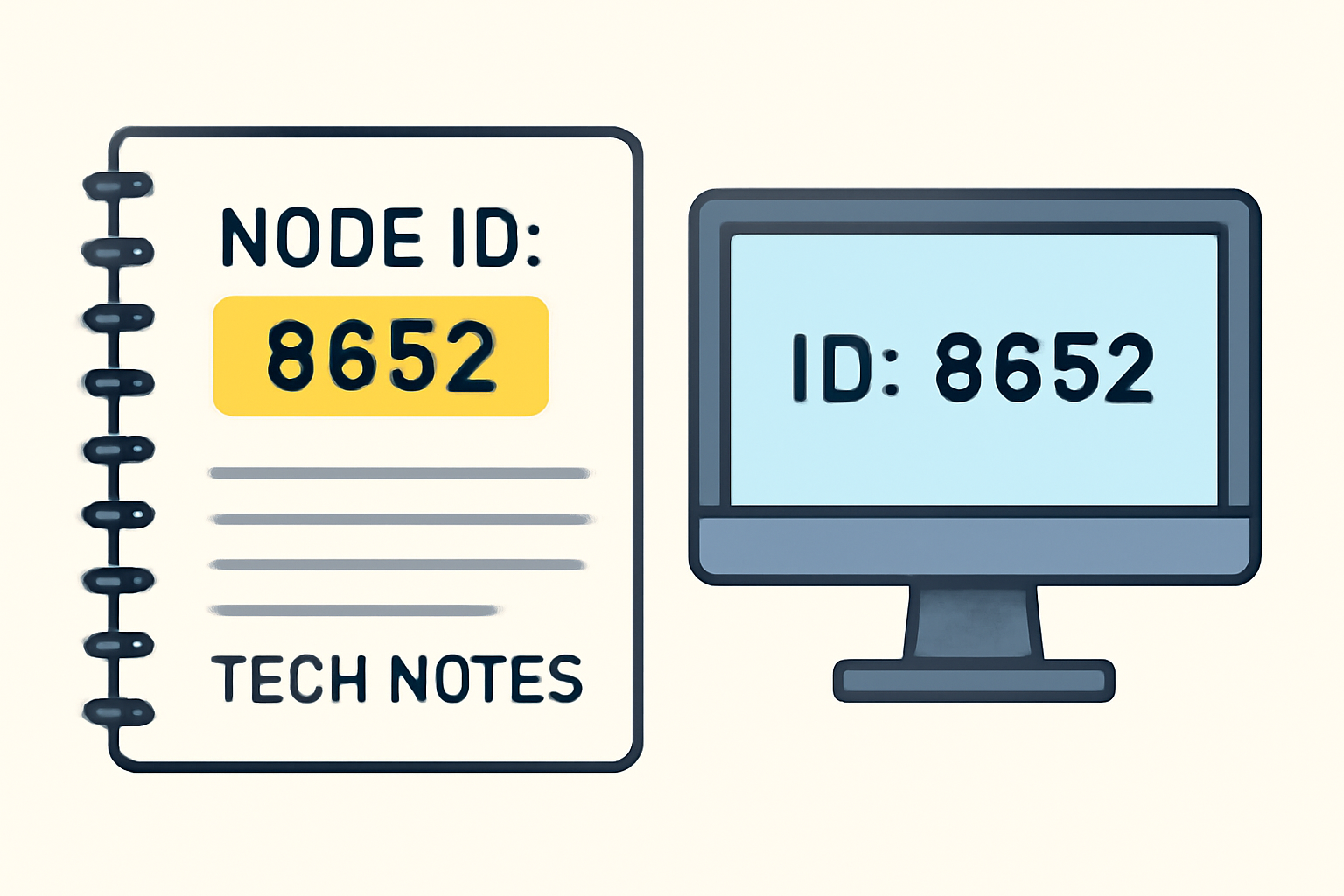 notebook with node ID code highlighted, computer screen showing ID, tech notes