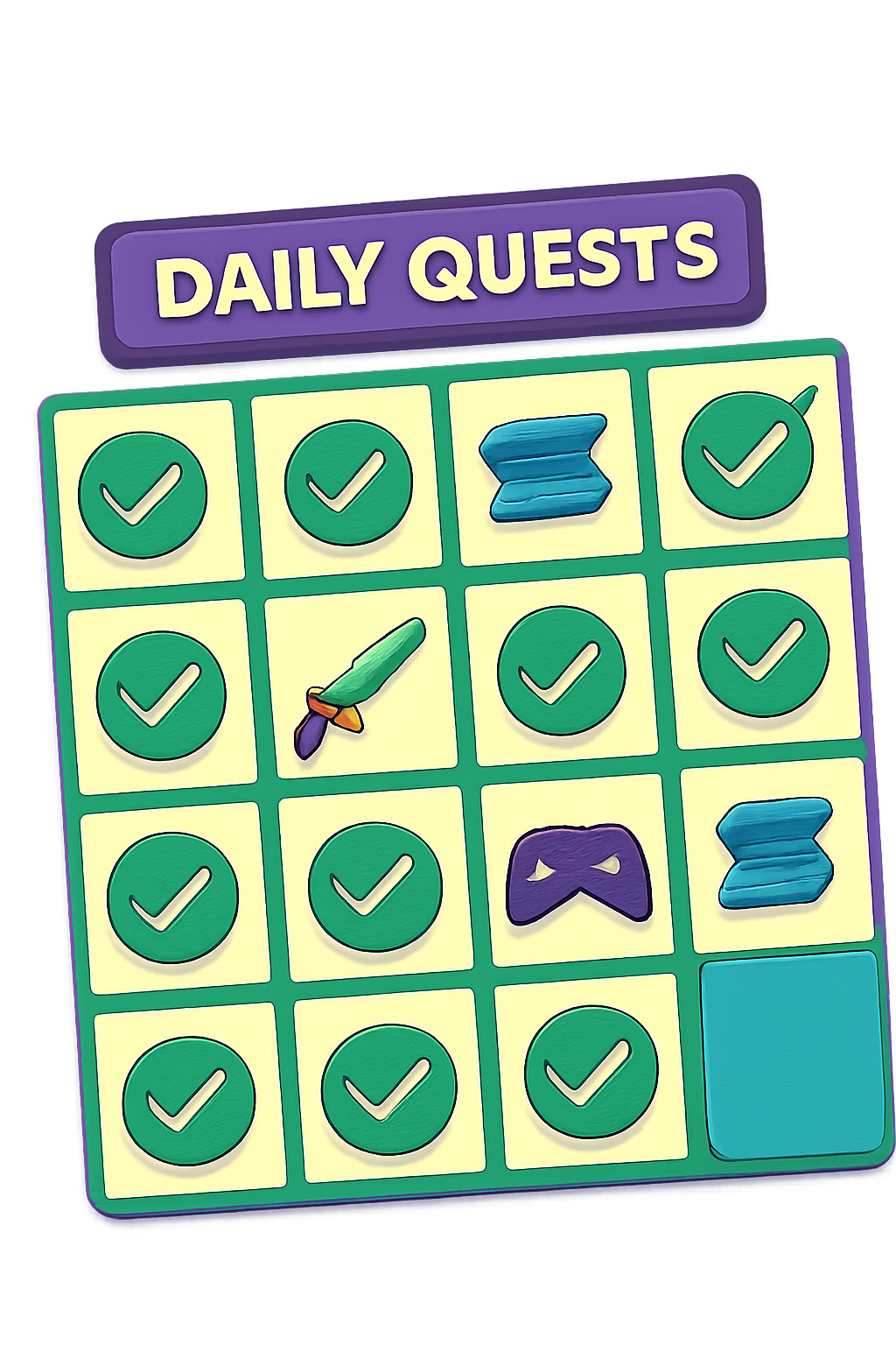 Calendar grid of daily quests with checkmarks, Solana logos and game icons, vibrant digital style