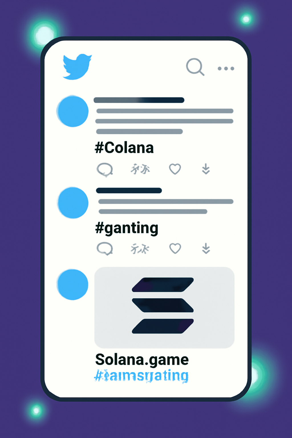 X Twitter feed with glowing Aura points, Solana gaming posts, hashtags and retweets