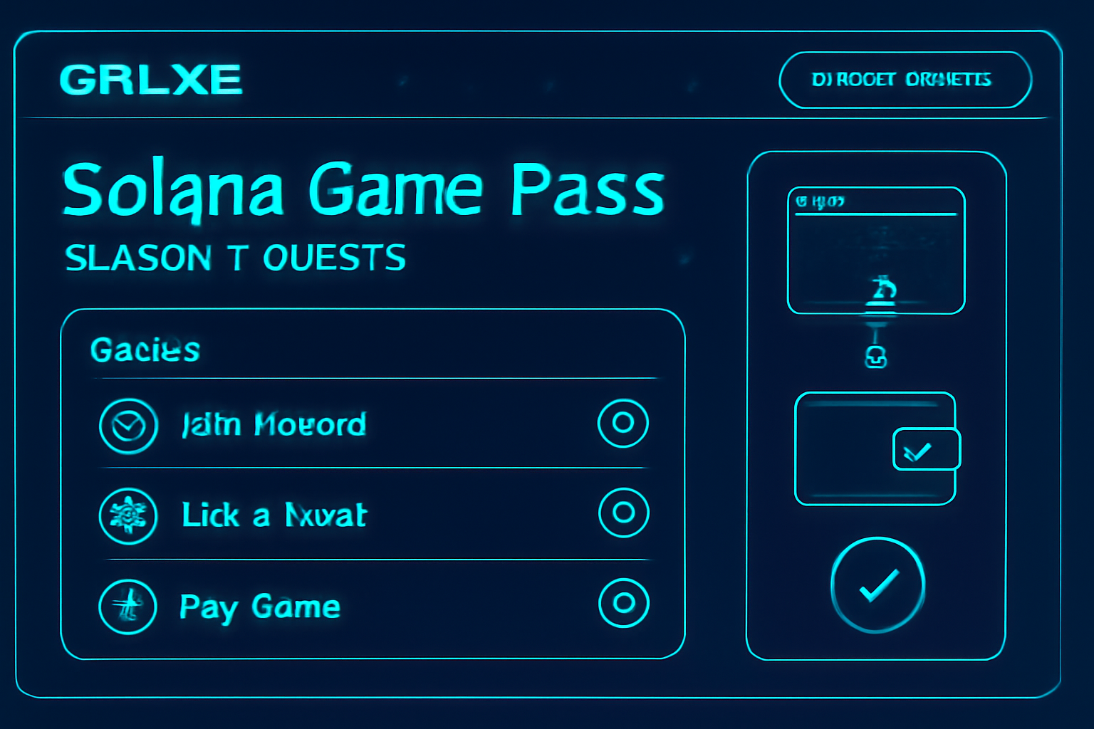 Futuristic Galxe dashboard with Solana Game Pass Season 1 quests, neon blue UI, wallet connect button