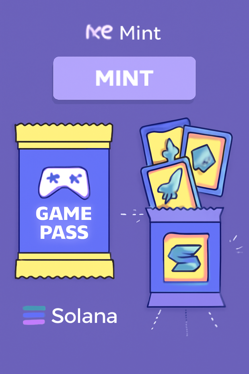 Magic Eden mint page for Solana Game Pass NFT pack, booster cards revealing, Solana chain