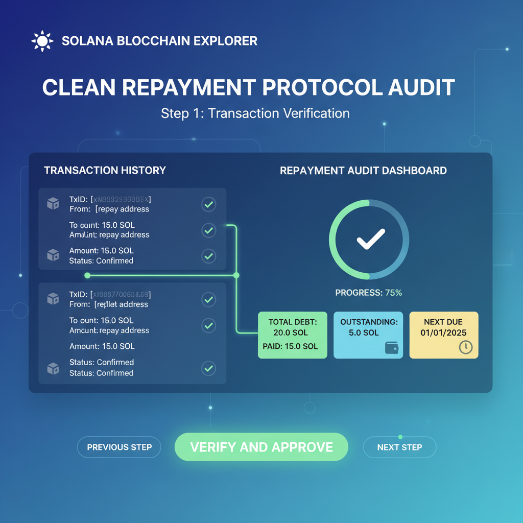 Solana blockchain explorer interface auditing transactions, clean repayment dashboard, futuristic UI
