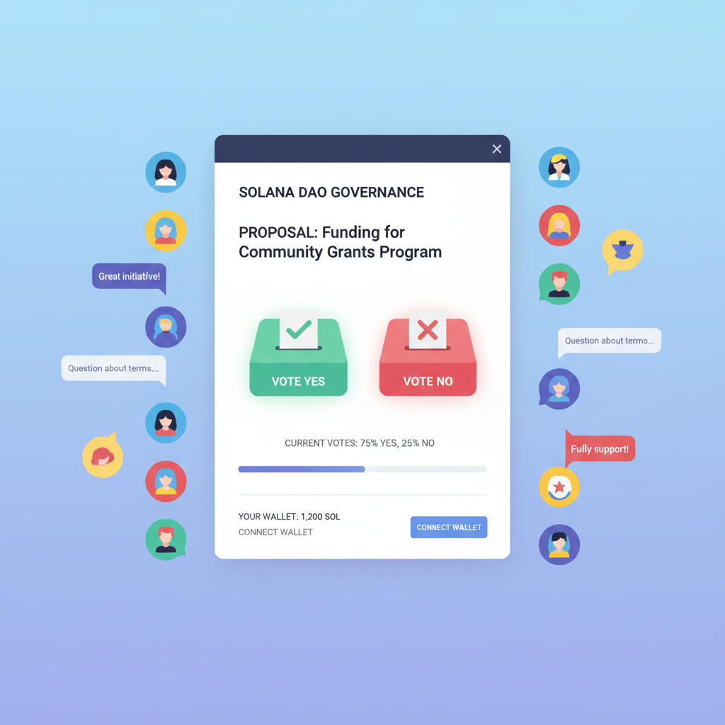 DAO voting interface on Solana, community forum chat bubbles, ballot icons